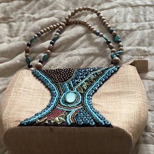 Artisan Beaded Tan and Blue Shoulder Bag